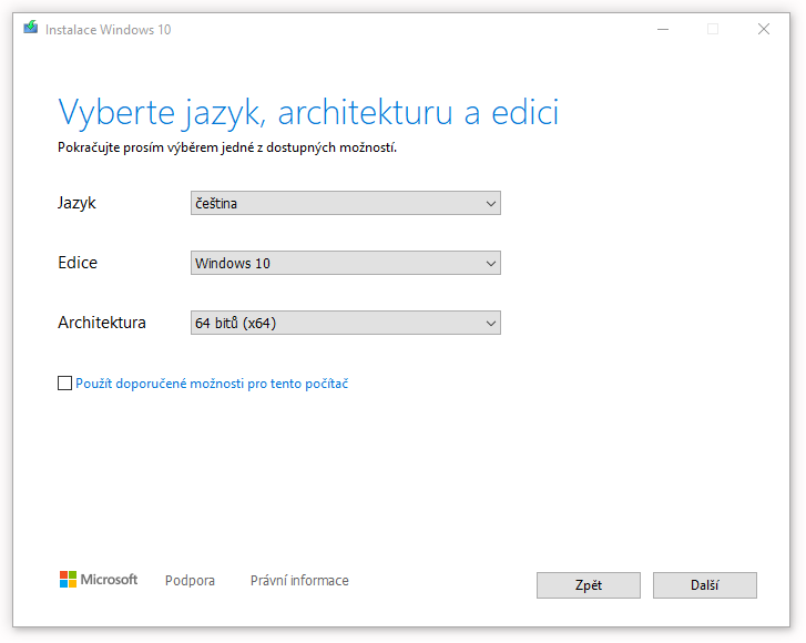 Výběr jazyka, architektury a edice windows 10